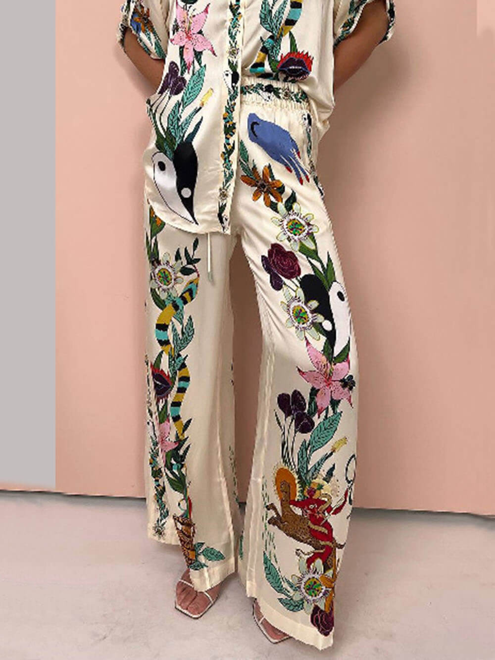 Satin Unique Print Elastic Waist Pocketed Wide Leg Pants