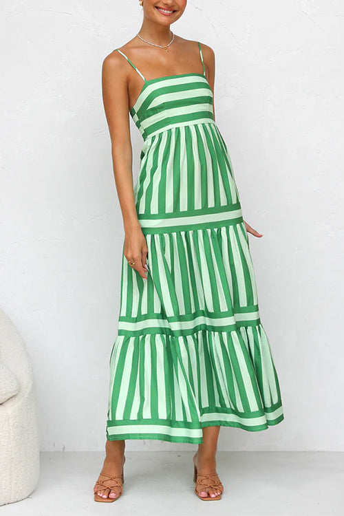 Margovil Spaghetti Strap Ruffle Tiered Color Block Striped Maxi Dress