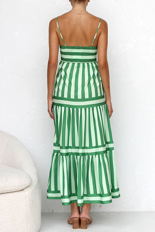 Margovil Spaghetti Strap Tiered Color Block Striped Maxi Dress