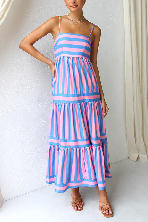 Margovil Spaghetti Strap Tiered Color Block Striped Maxi Dress