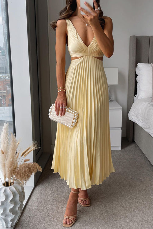 V Neck Cut Out Waist Sleeveless Pleated Maxi Dress (7 Colors Available!)