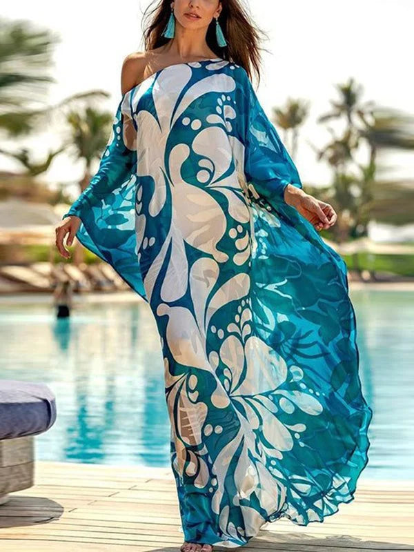 Contrast Color Printed Split-Joint Batwing Sleeves Loose One-Shoulder Maxi Dresses