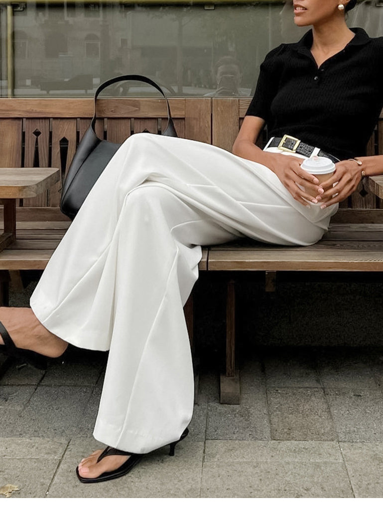 White High Waist Wide Leg Pants Without Belt