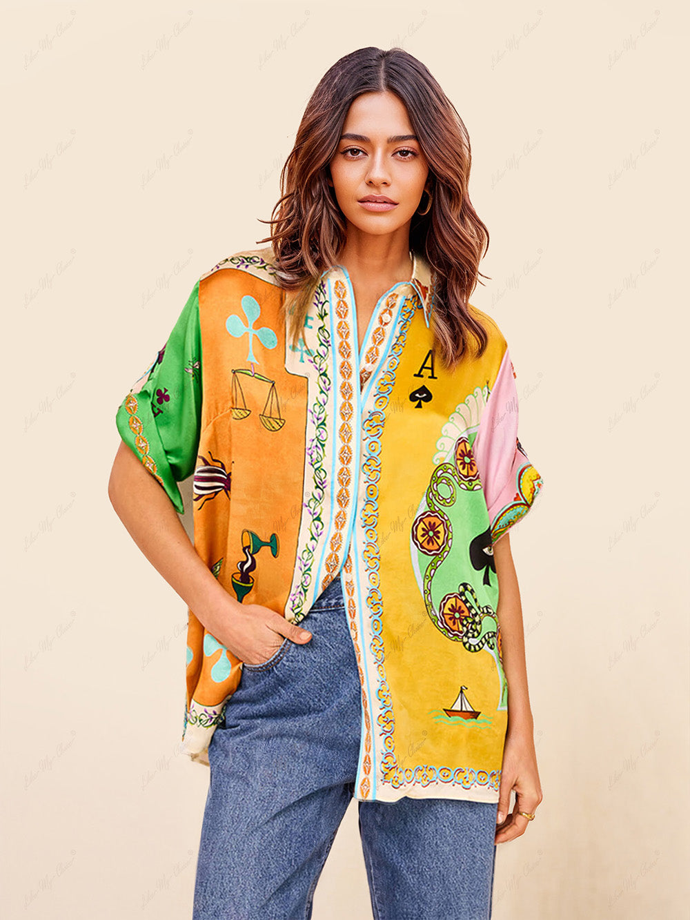 Funny Summer Unique Print Button Down Oversized Blouse