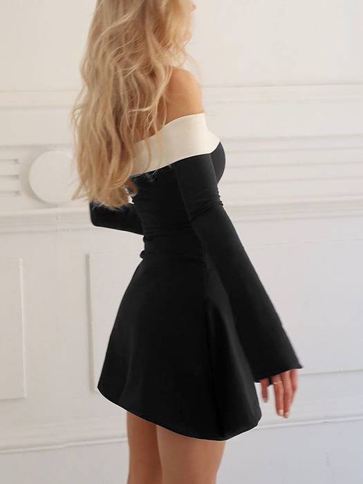 Color Block Off-Shoulder Long Sleeve Short Dress