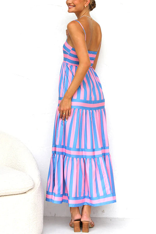 Margovil Spaghetti Strap Ruffle Tiered Color Block Striped Maxi Dress