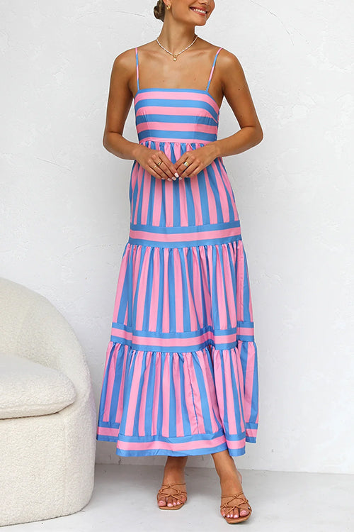 Margovil Spaghetti Strap Tiered Color Block Striped Maxi Dress