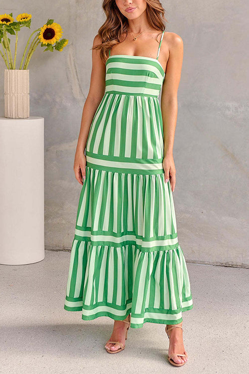 Margovil Spaghetti Strap Ruffle Tiered Color Block Striped Maxi Dress