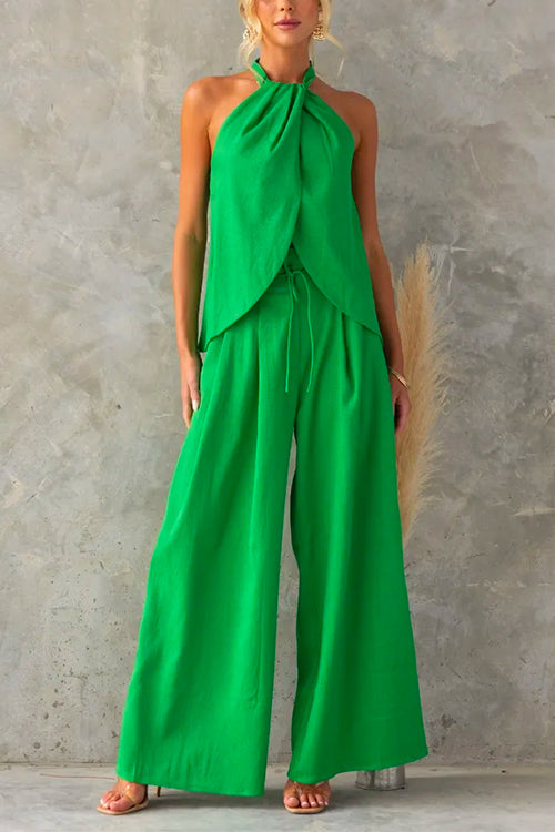 Sleeveless Halter Slit Top Paperbag Waist Wide Leg Pants Set