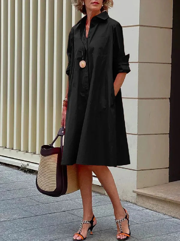 Simple Long Sleeves Solid Color Lapel Midi Dress