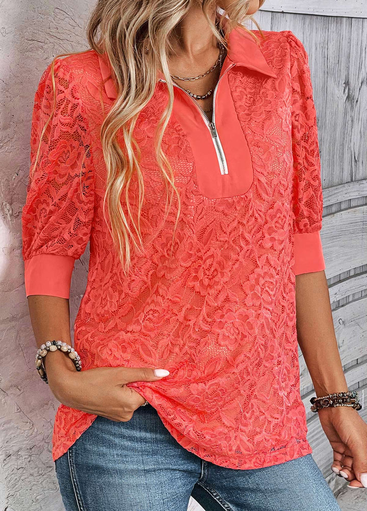 Blouse with short sleeves and zip collar in coral