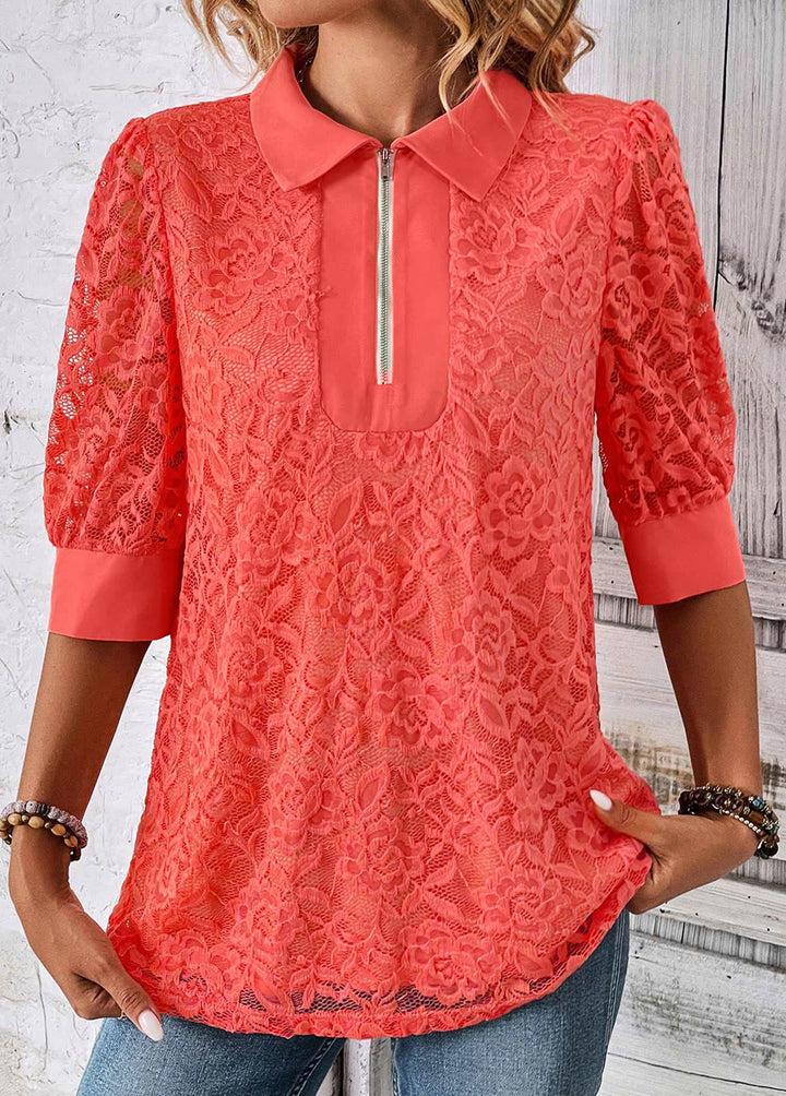 Blouse with short sleeves and zip collar in coral