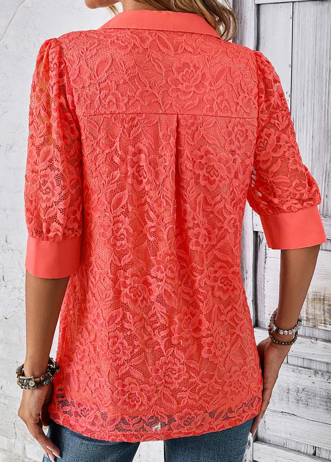 Blouse with short sleeves and zip collar in coral