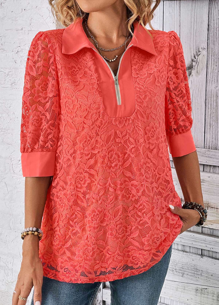 Blouse with short sleeves and zip collar in coral