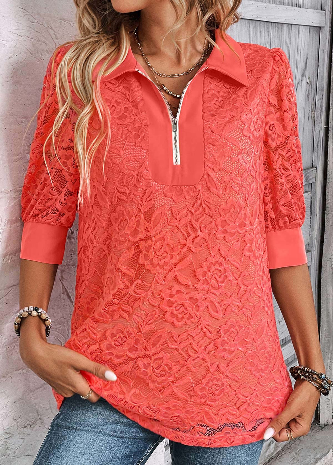 Blouse with short sleeves and zip collar in coral