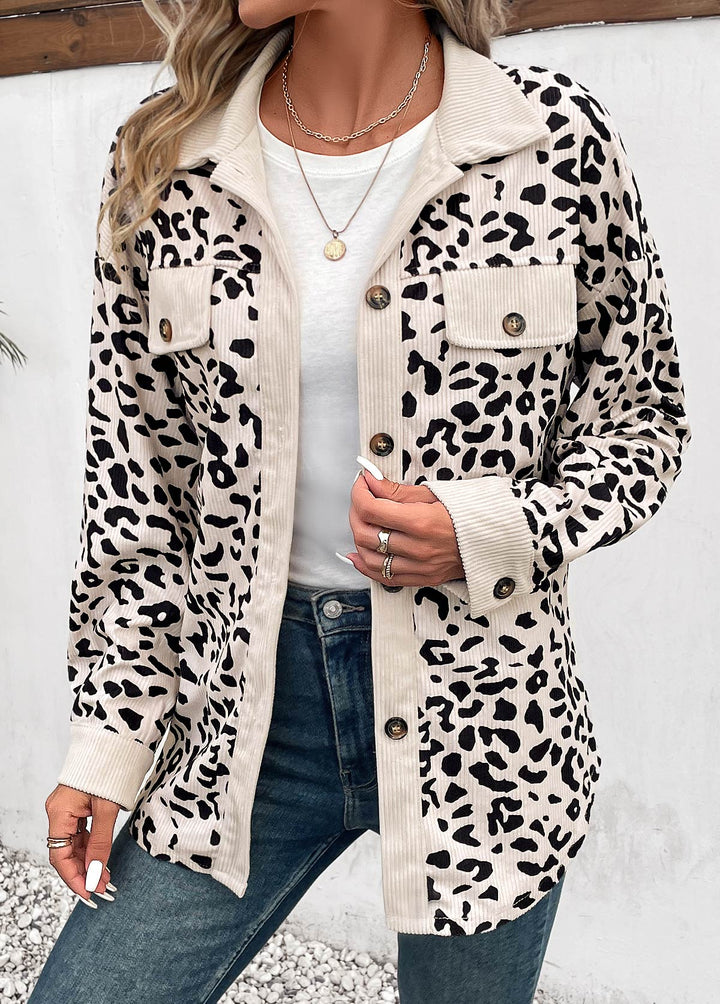 MODLILY DESIGN  
                                                        Beige Leopard Print Long Sleeve Shirt Collar Coat