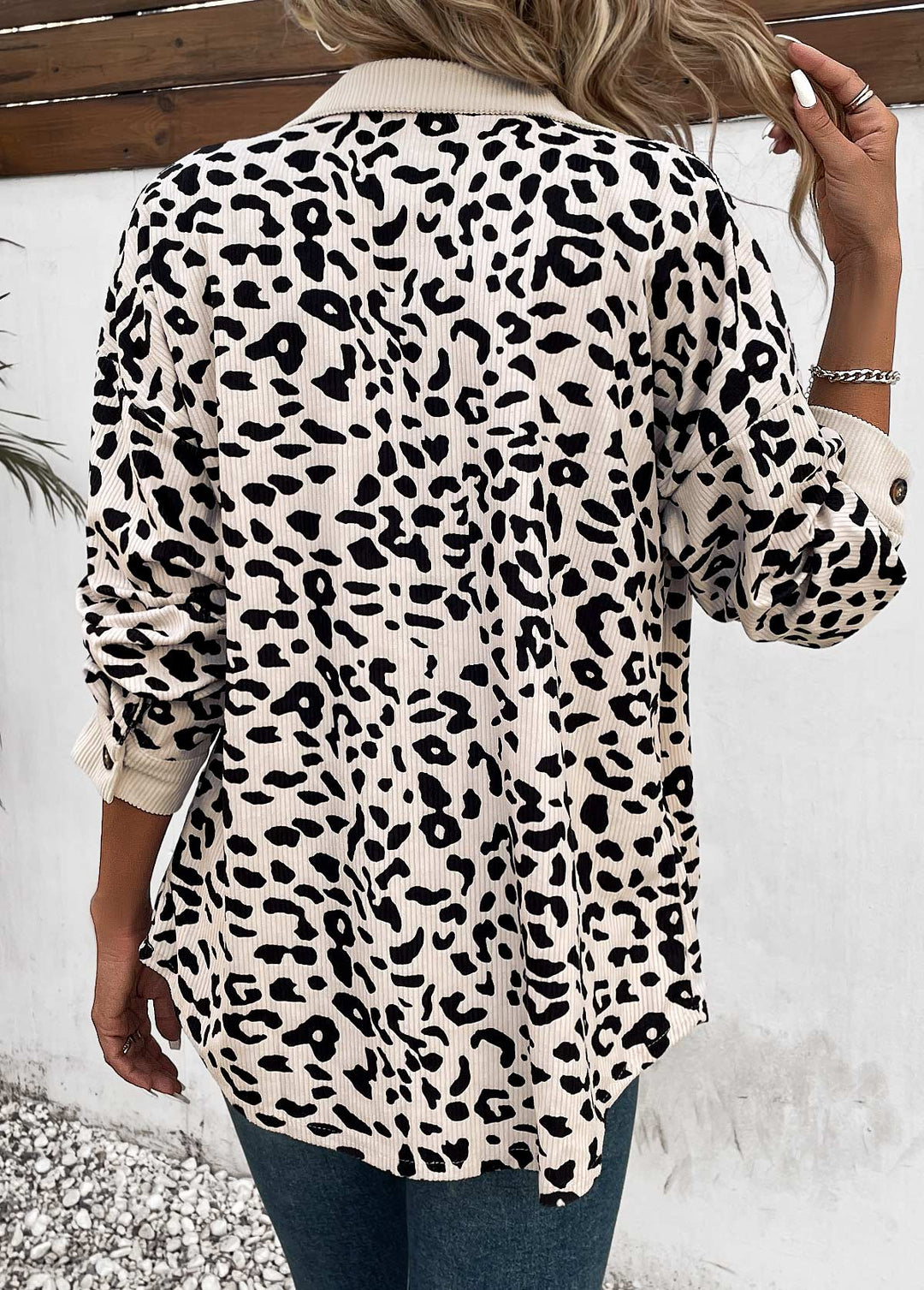 MODLILY DESIGN  
                                                        Beige Leopard Print Long Sleeve Shirt Collar Coat