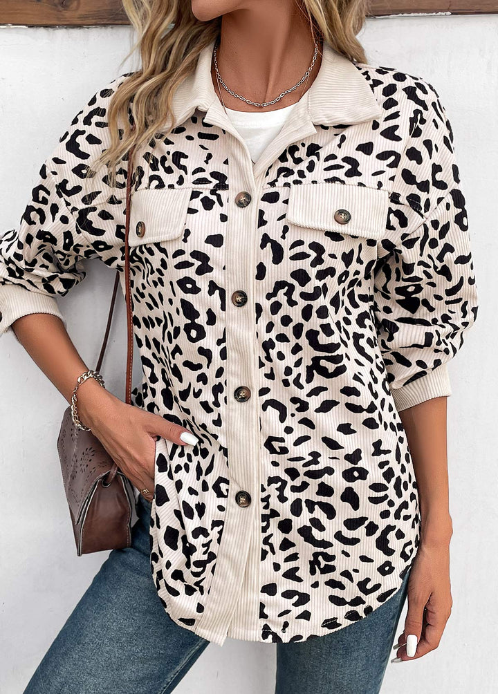 MODLILY DESIGN  
                                                        Beige Leopard Print Long Sleeve Shirt Collar Coat