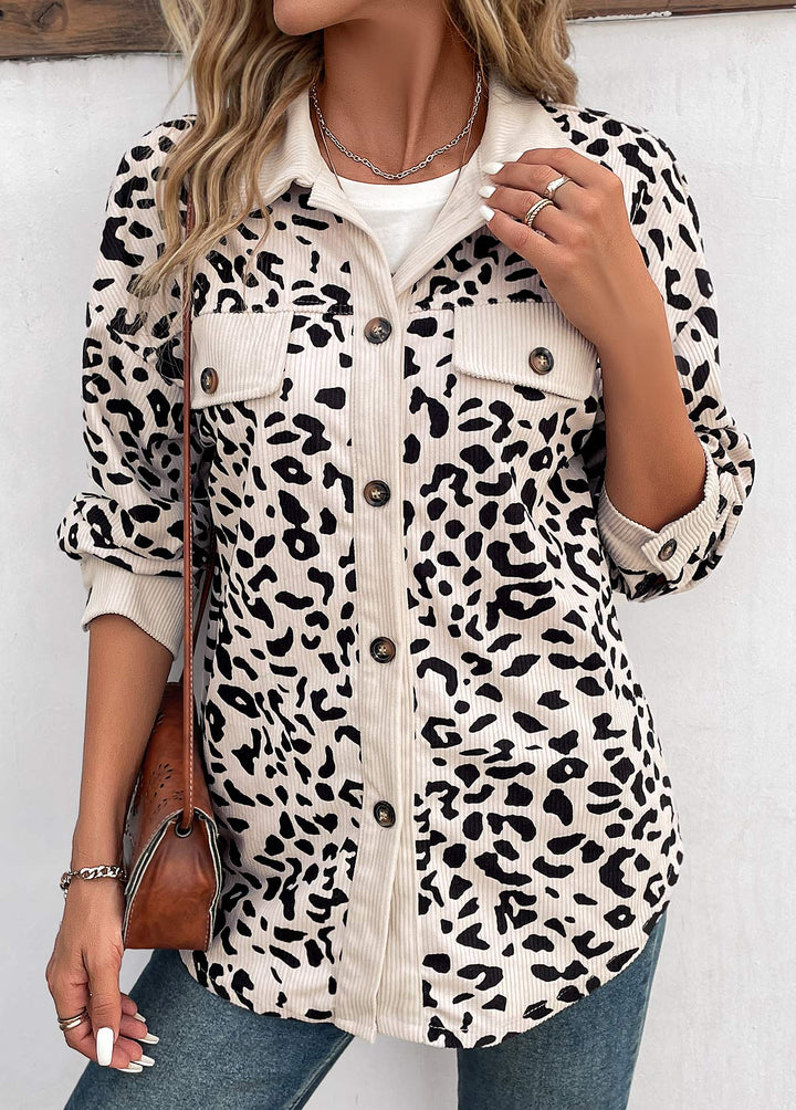 MODLILY DESIGN  
                                                        Beige Leopard Print Long Sleeve Shirt Collar Coat