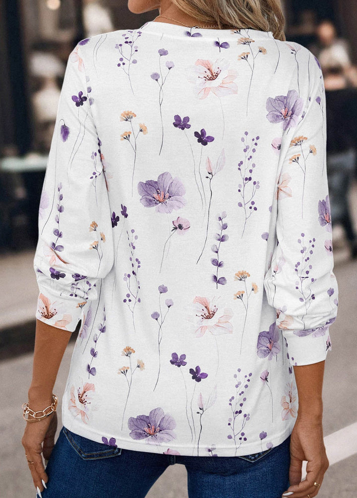 MODLILY DESIGN  
Long Sleeve Floral Print T-Shirt with White Buttons