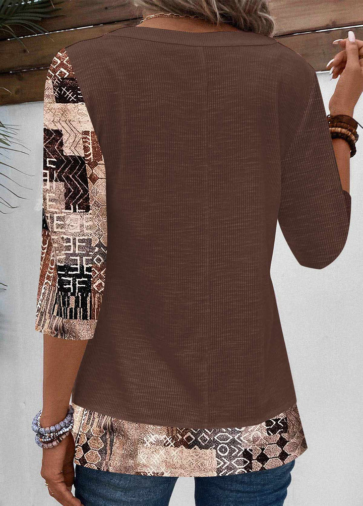 MODLILY®  
Light Coffee Patchwork Geometric Print T-shirt