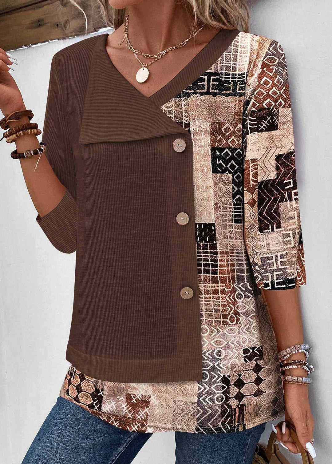 MODLILY®  
Light Coffee Patchwork Geometric Print T-shirt