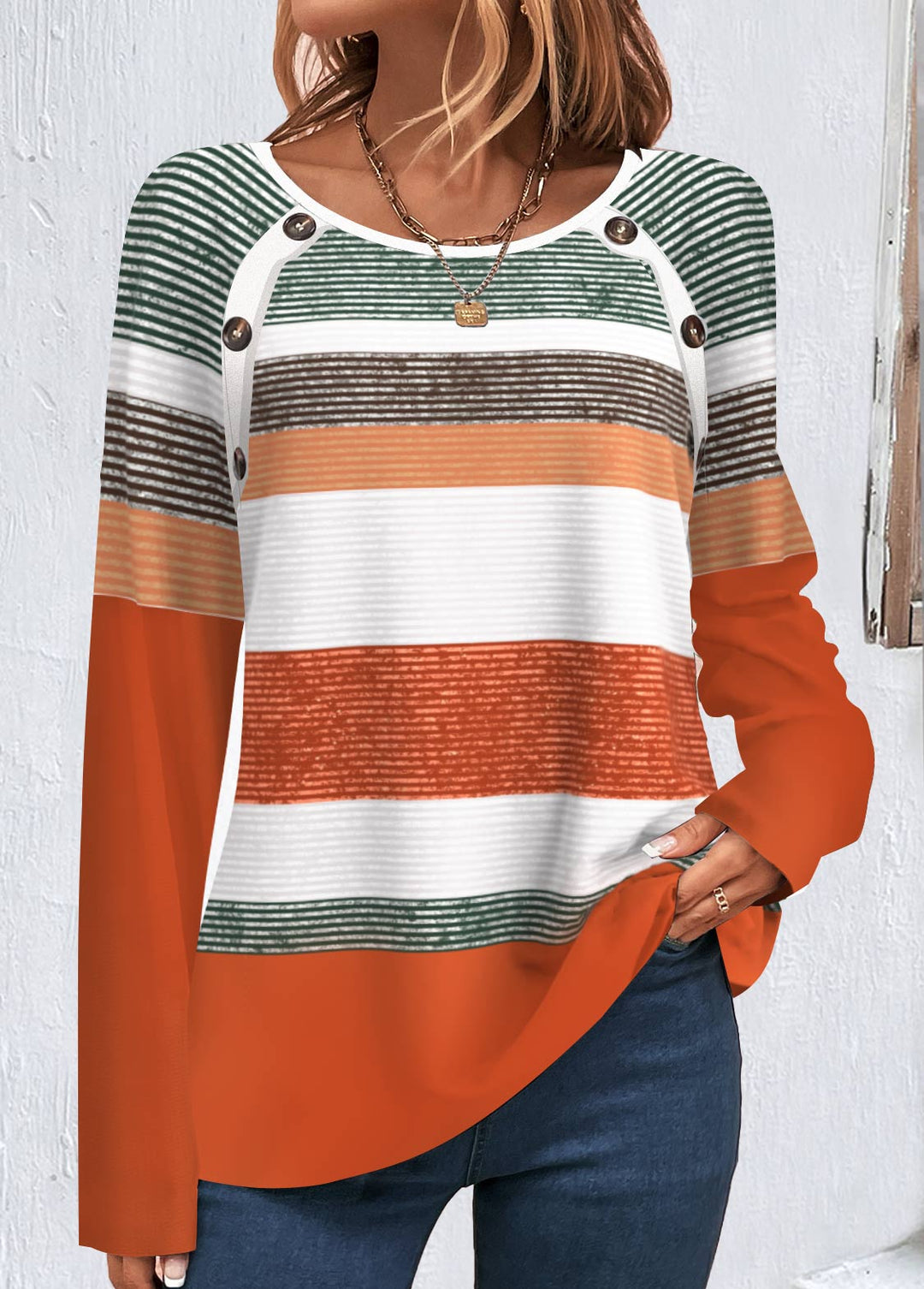 Multi-Striped Printed T-shirt with Orange Button