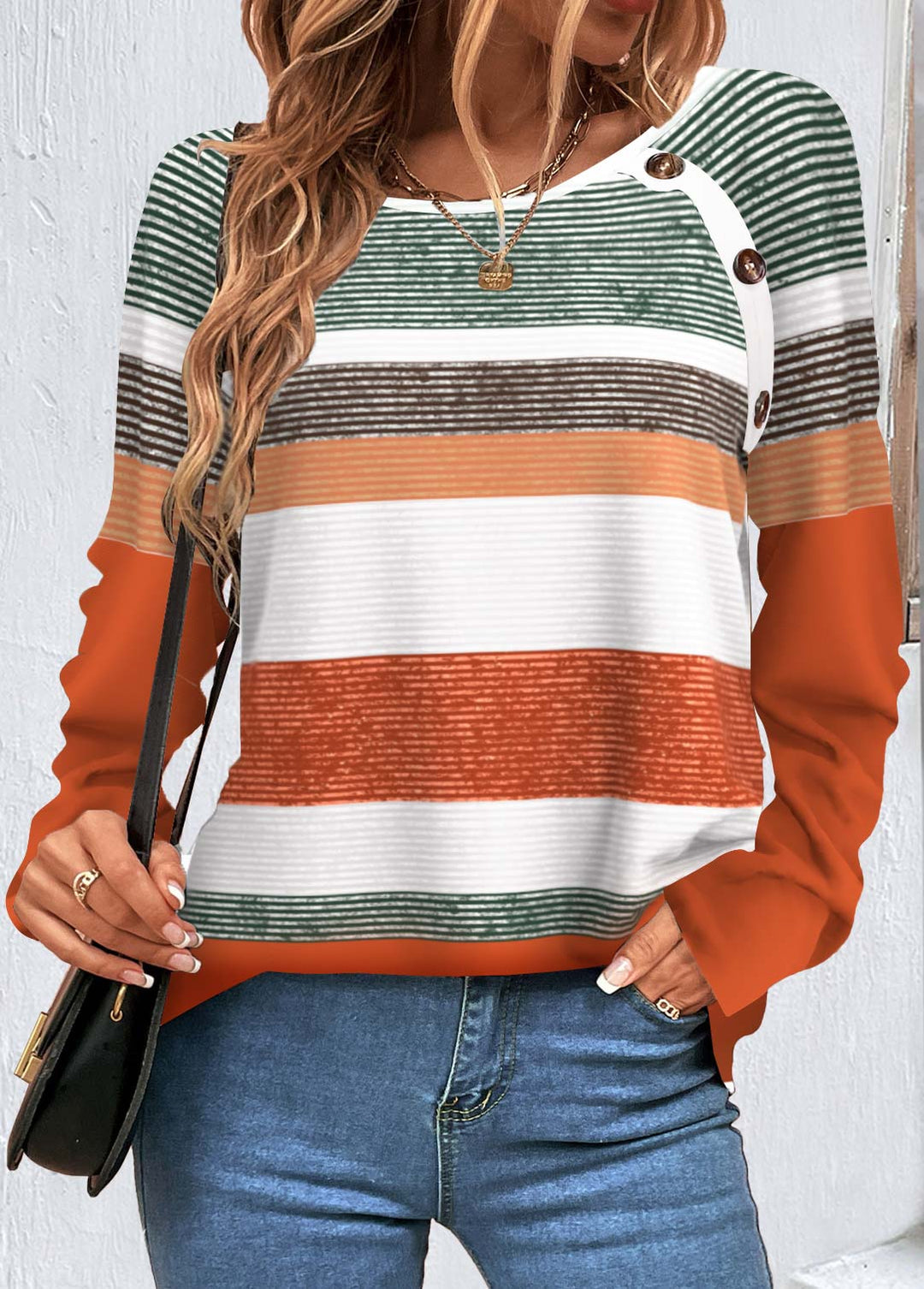 Multi-Striped Printed T-shirt with Orange Button