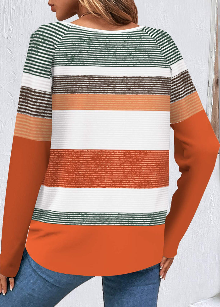 Multi-Striped Printed T-shirt with Orange Button