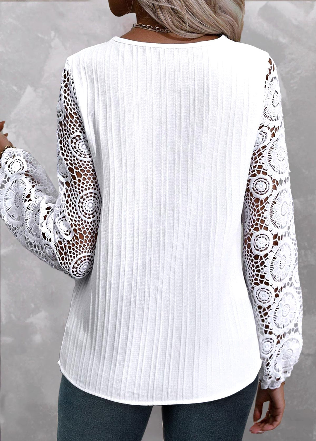 Plus Size White Lace Blouse with Long Sleeves and V-Neck