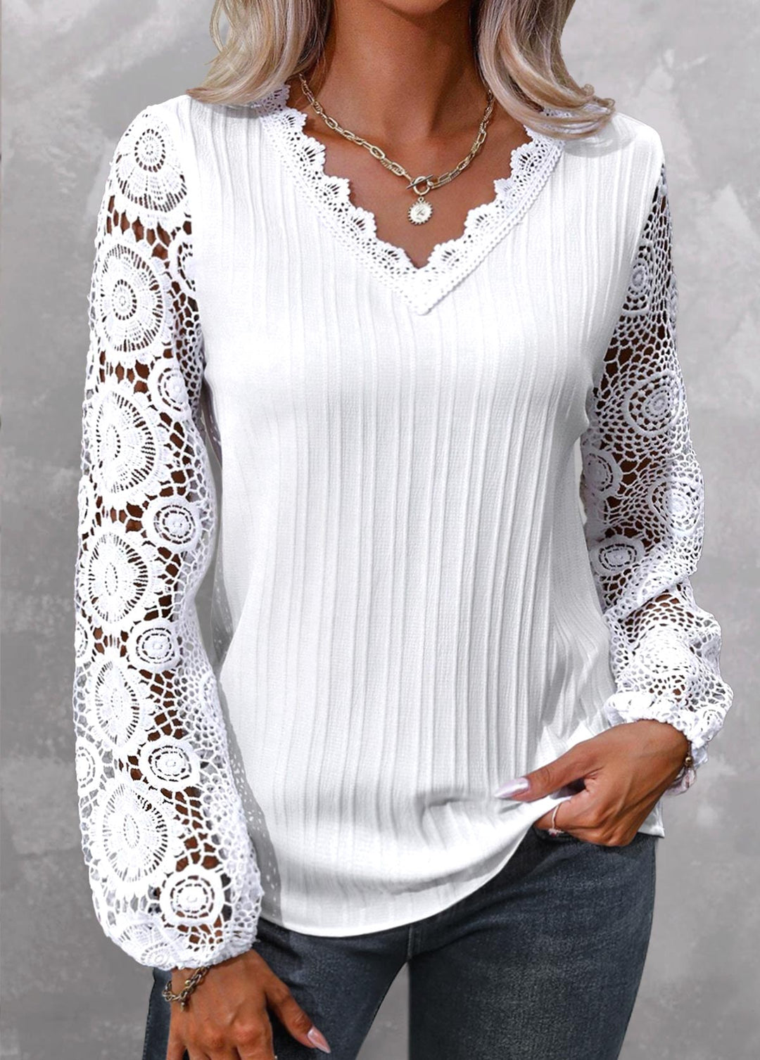 Plus Size White Lace Blouse with Long Sleeves and V-Neck