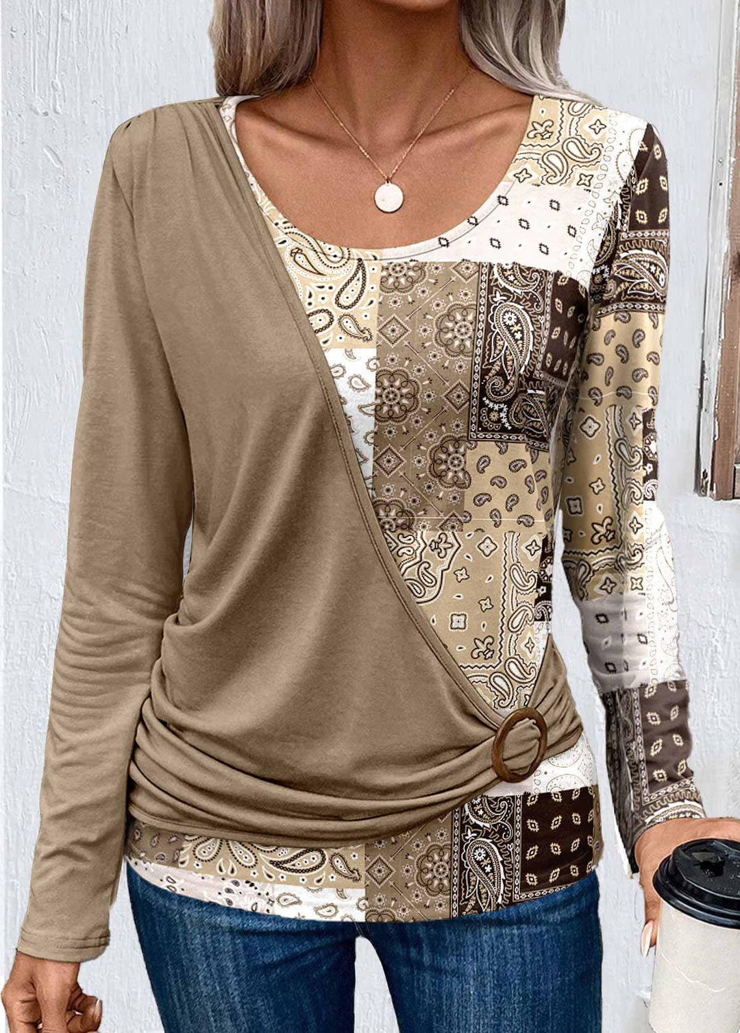 Light Camel Asymmetrical Patchwork Long Sleeve T-shirt