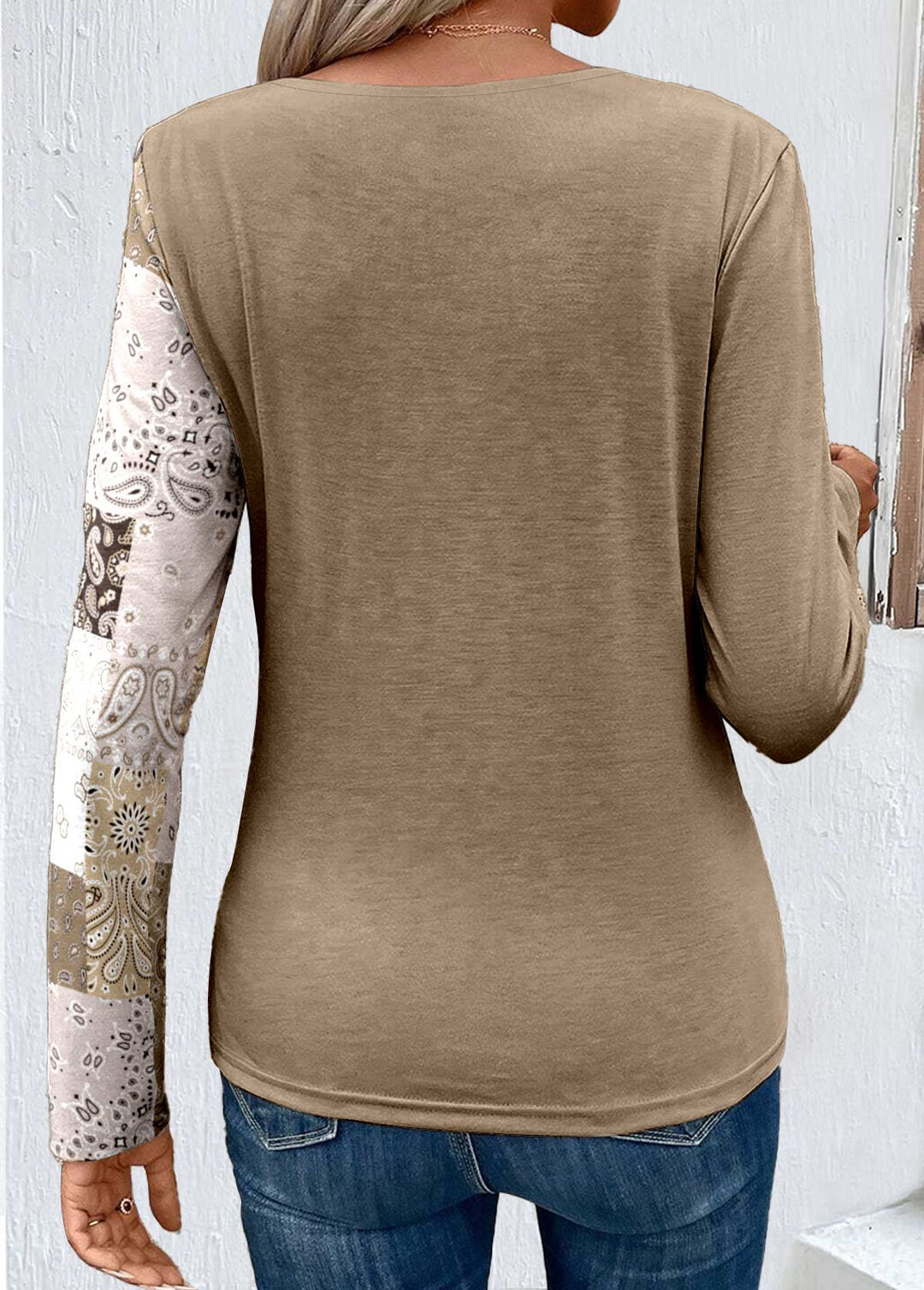 Light Camel Asymmetrical Patchwork Long Sleeve T-shirt