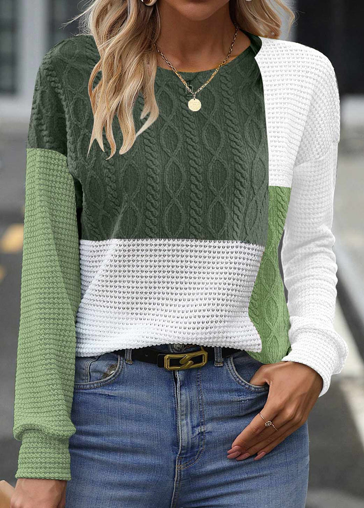 Green Black Patchwork Long Sleeve Round Neck Sweatshirt