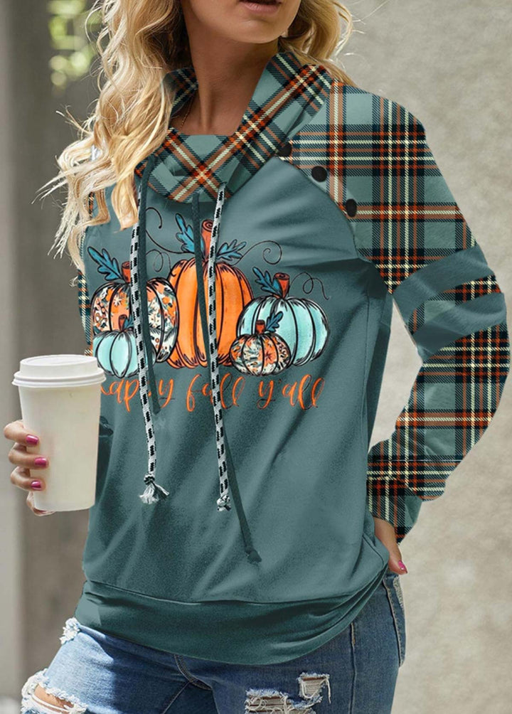 MODLILY®
                                                        Turquoise Plaid Patchwork Long Sleeve Cowl Neck Sweatshirt