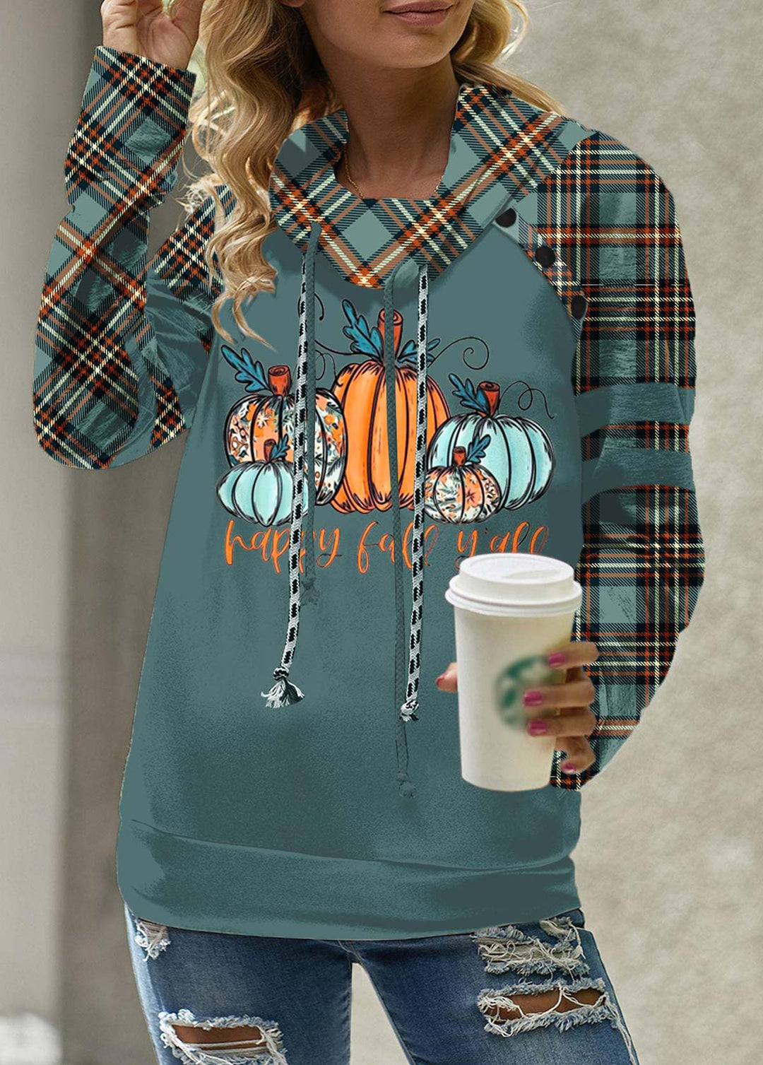 MODLILY®
                                                        Turquoise Plaid Patchwork Long Sleeve Cowl Neck Sweatshirt