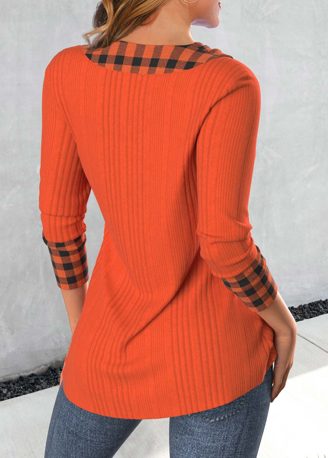 Long Sleeve Patchwork Plaid Sweatshirt in Brick Red