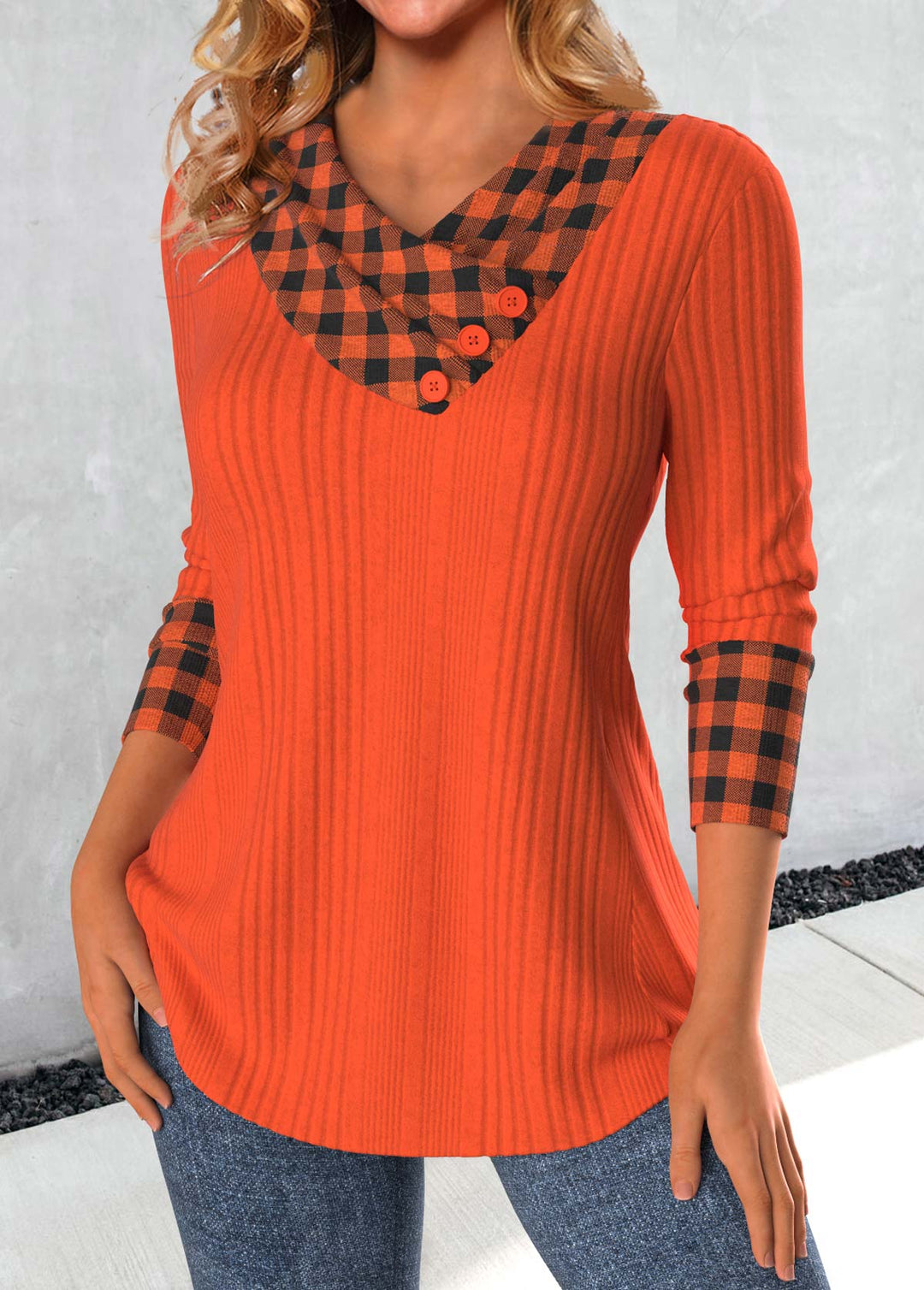 Long Sleeve Patchwork Plaid Sweatshirt in Brick Red