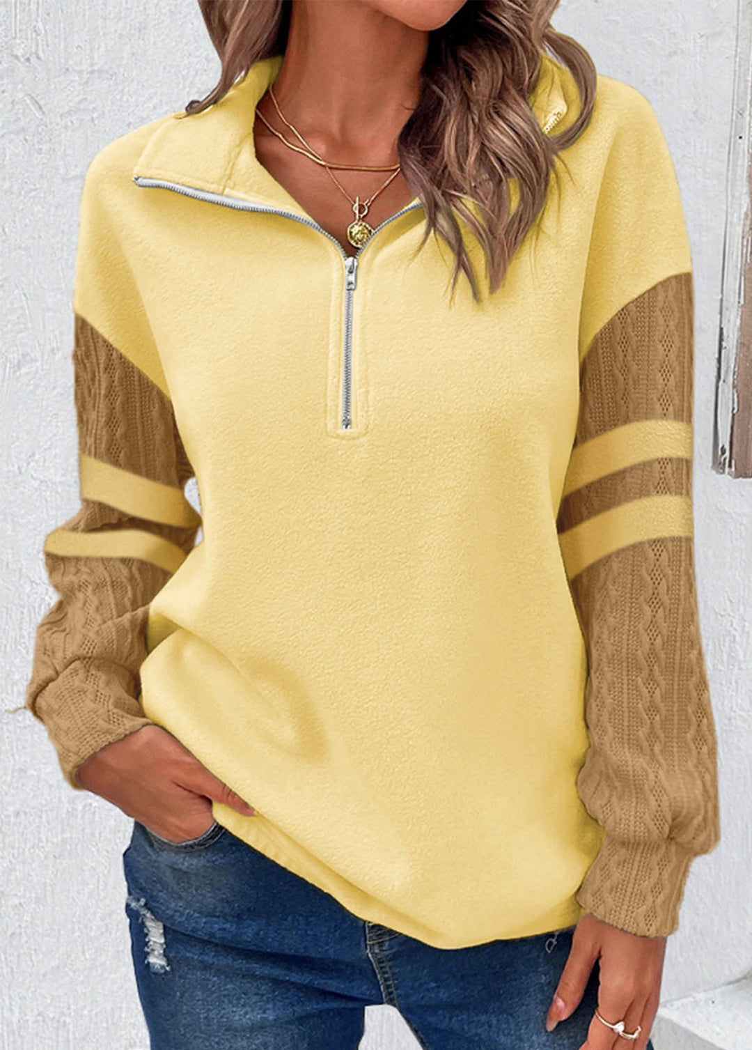 Light Yellow Zip Sweatshirt with Long Sleeves