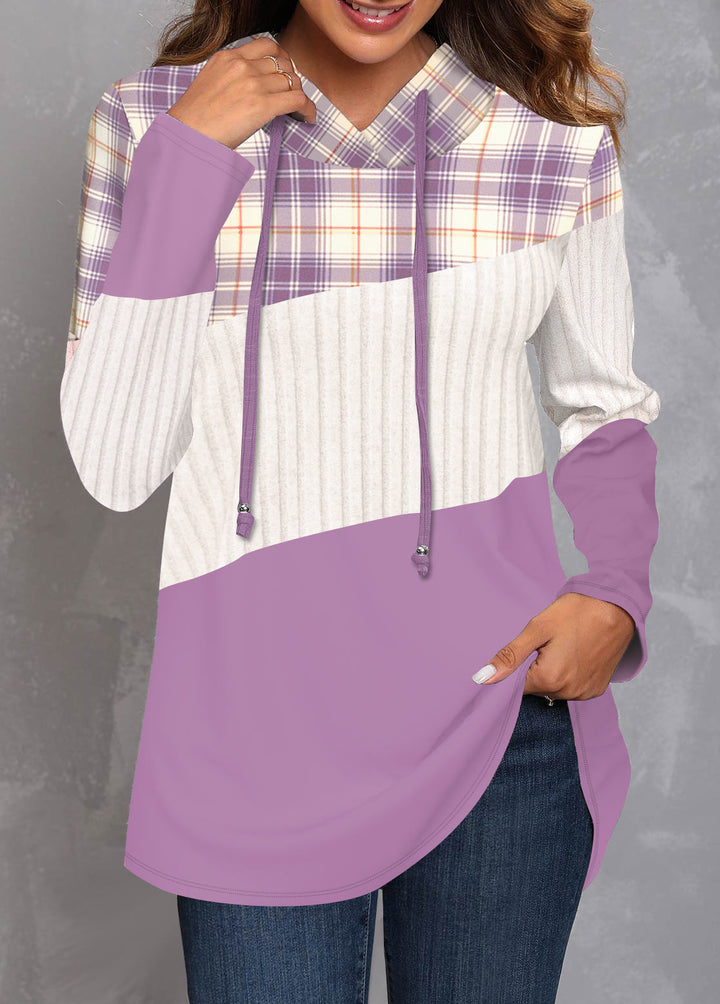 Sweatshirt with Purple Patchwork Plaid Hood and Long Sleeves