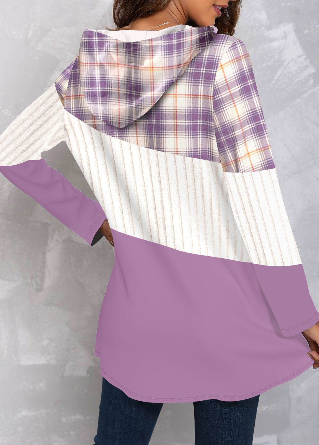 Sweatshirt with Purple Patchwork Plaid Hood and Long Sleeves