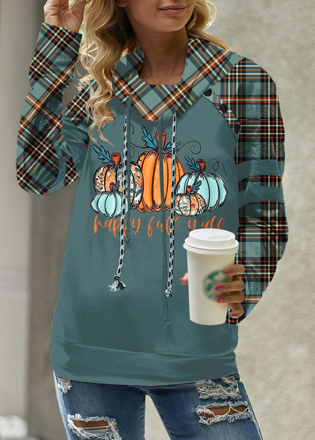 MODLILY®
                                                        Turquoise Plaid Patchwork Long Sleeve Cowl Neck Sweatshirt