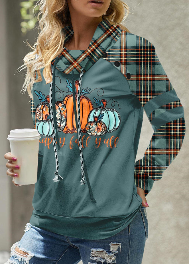 MODLILY®
                                                        Turquoise Plaid Patchwork Long Sleeve Cowl Neck Sweatshirt