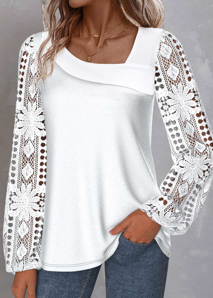 White Lace Long Sleeve Asymmetrical Neck Blouse