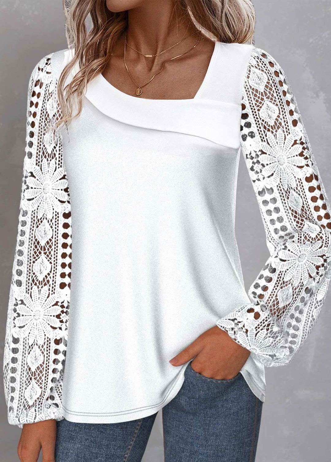 White Lace Long Sleeve Asymmetrical Neck Blouse