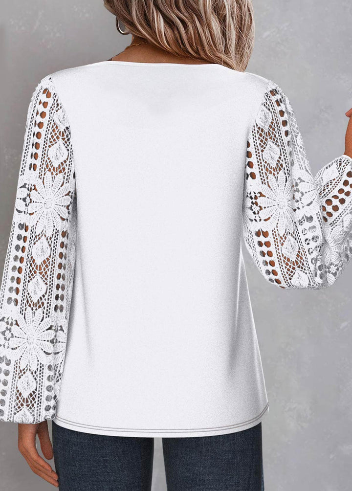 White Lace Long Sleeve Asymmetrical Neck Blouse