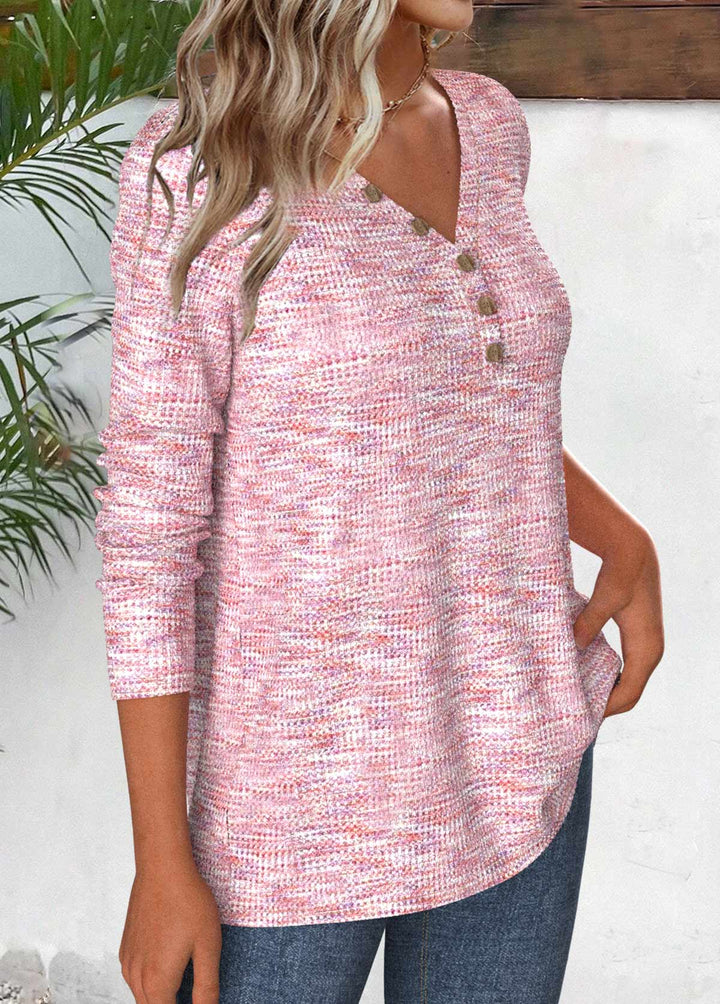 Light Pink Button Long Sleeve V Neck T Shirt