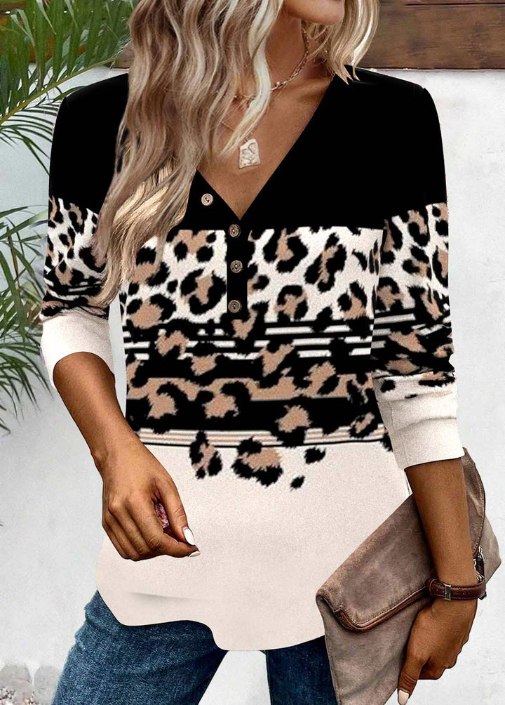 Black Patchwork Leopard Long Sleeve V Neck T Shirt