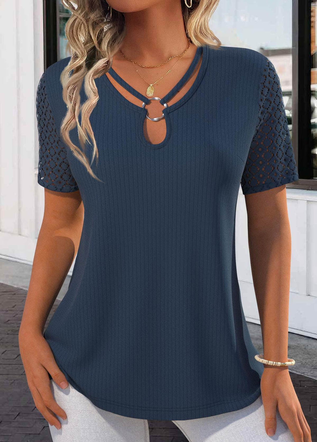 Navy Lace Short Sleeve Tie Collar T Shirt