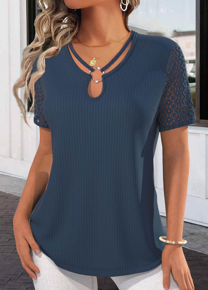 Navy Lace Short Sleeve Tie Collar T Shirt